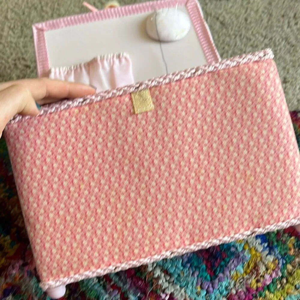 $$ VTG Pink Floral Sewing Basket Box Filled Sewing Kit Wood Base Cottagecore